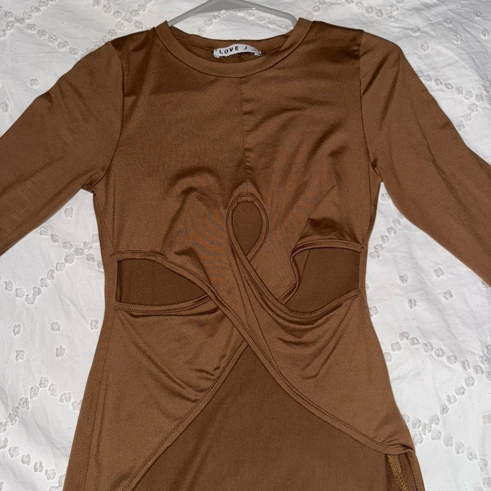 Love Brown Long Sleeve Dress with Cut-Out Design